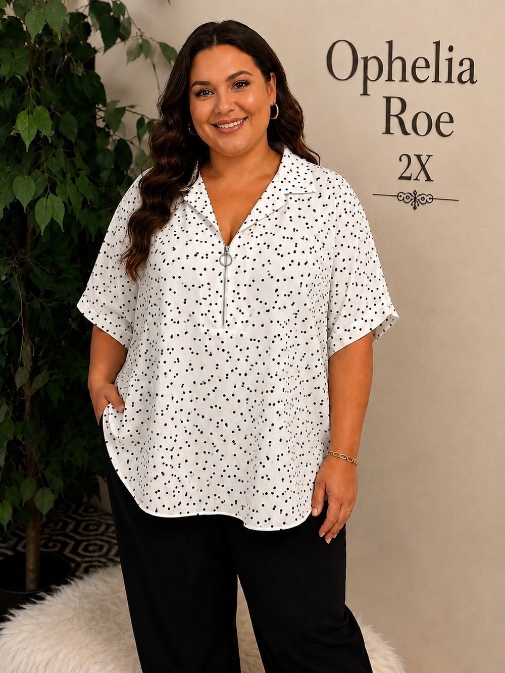 Ophelia Roe 2X White Black Polka Dot Quarter Zip Front Blouse Plus Size